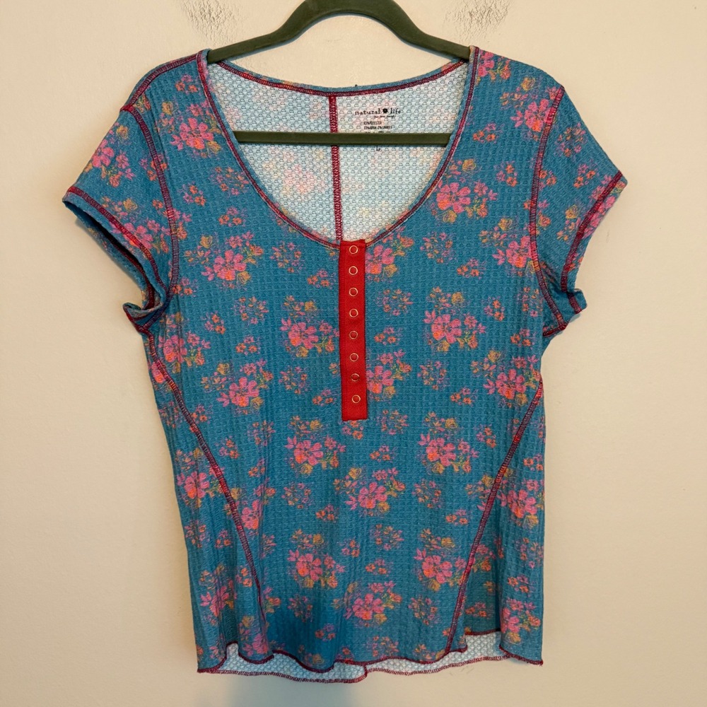 Natural Life Reagan Thermal Henley Top L Blue Floral Waffle Knit Boho Granola